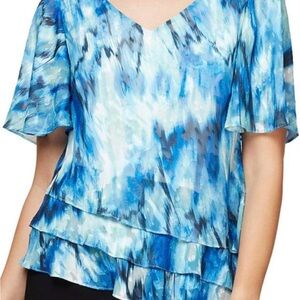 Alex Evenings Blue Lined Top SZ XLP Flutter Sleeves V Neck‎ Tiered Asymmetrical